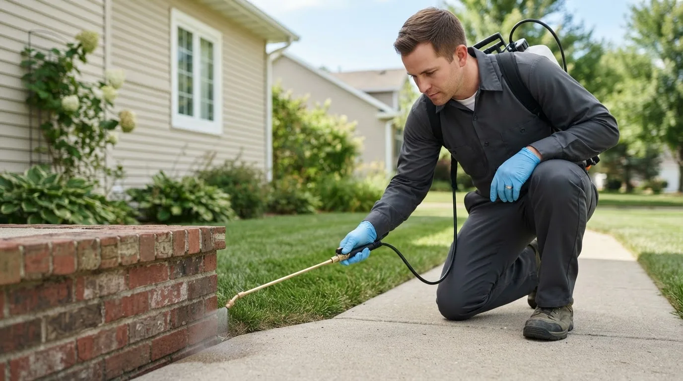 Pest control technician treating a home near Ferron, UT